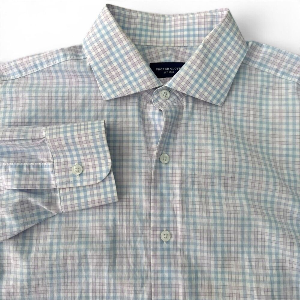 Proper Cloth Satoyama Dress Shirt Men M White Blue Check Cotton Button Down